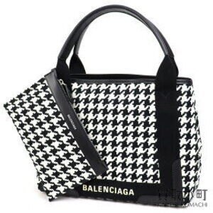 Balenciaga Navy Blue Cabas tote bag white black houndstooth pattern
